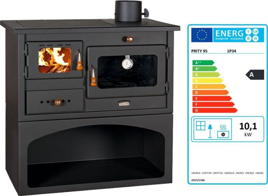 Cuisinière à combustible solide largeur 75 cm Prity Mia 1p34 Thermostat hauteur 80 cm Noir profondeur 45 cm