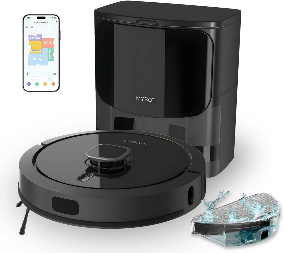 Robot aspirateur laveur MYBOT X7 PRO 14,4 V réservoir 0,5 L 45 W pour Sols durs/carrelage, Poils d'animaux Filtre à air Lavage 45 dB Batterie Noir