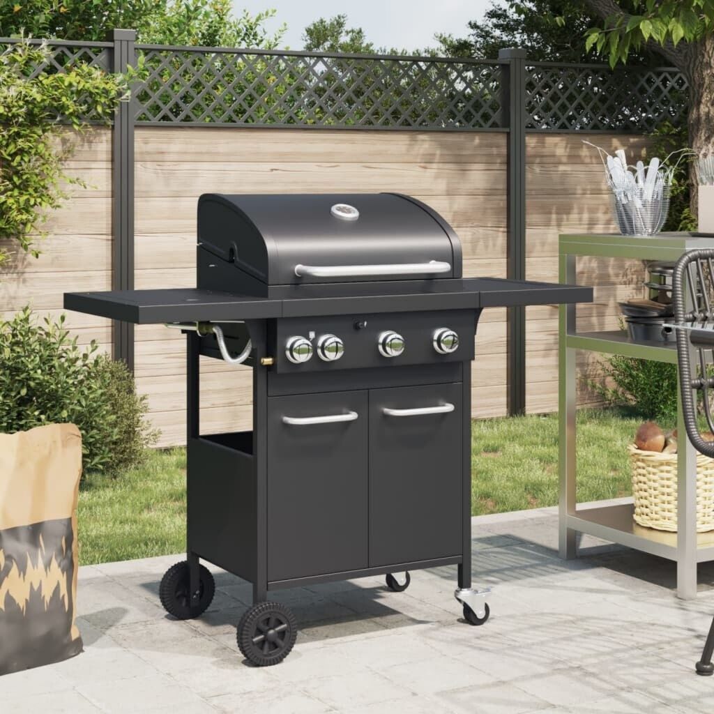 vidaXL gaz noir 4 brûleurs avec chariot Barbecue Porte-bouteille de gaz, Chariot Brûleurs réglables séparément pour Viandes Surface de cuisson acier