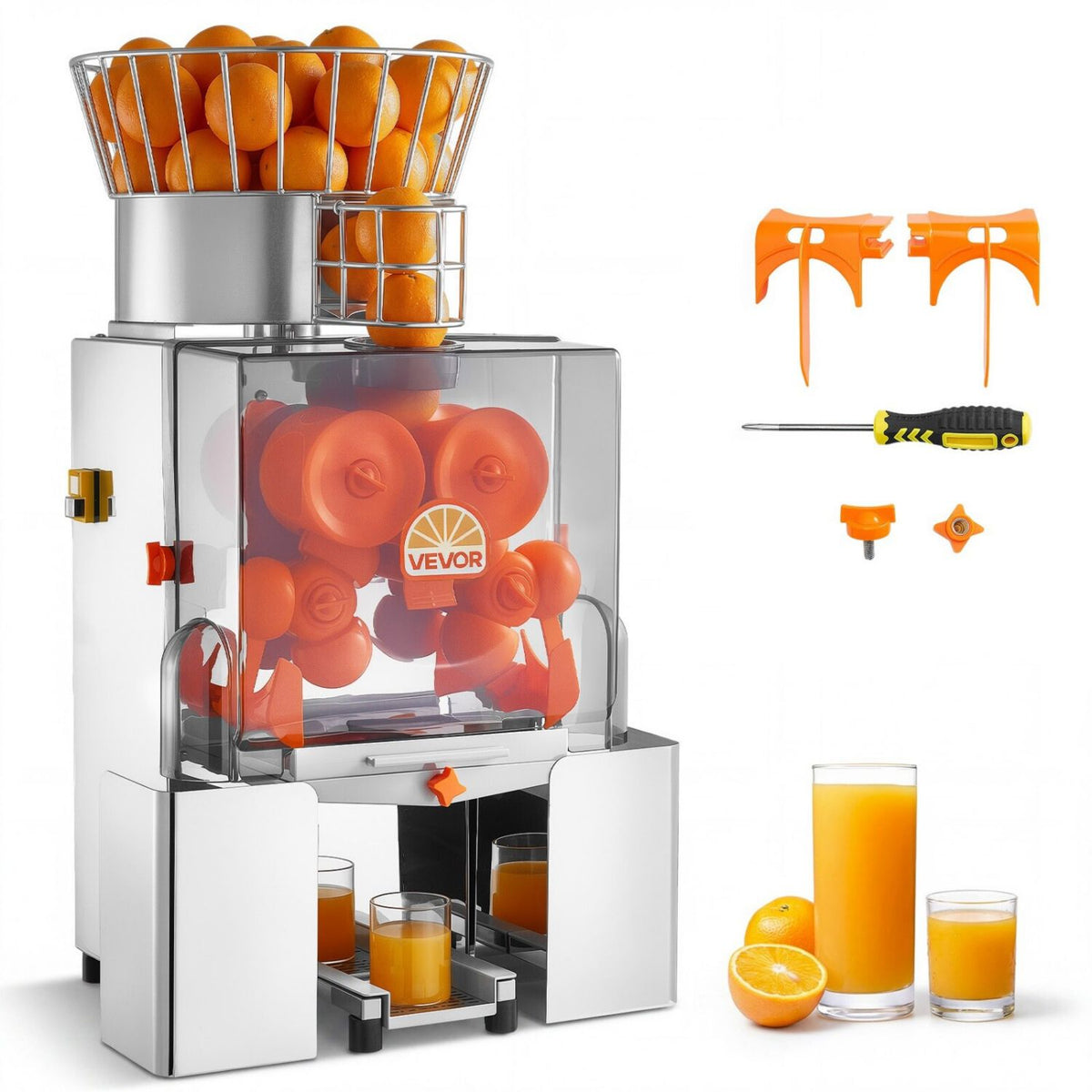 VEVOR professionnel 120W, inox, 20 oranges/min Presse-agrumes Couvercle de protection Acier inoxydable Orange, Argenté