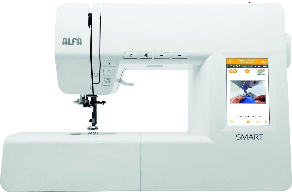 Machine à coudre électronique largeur 44 cm Alfa Machine à coudre intelligente Écran, Arrêt de l'aiguille haut/bas hauteur 29 cm profondeur 29 cm