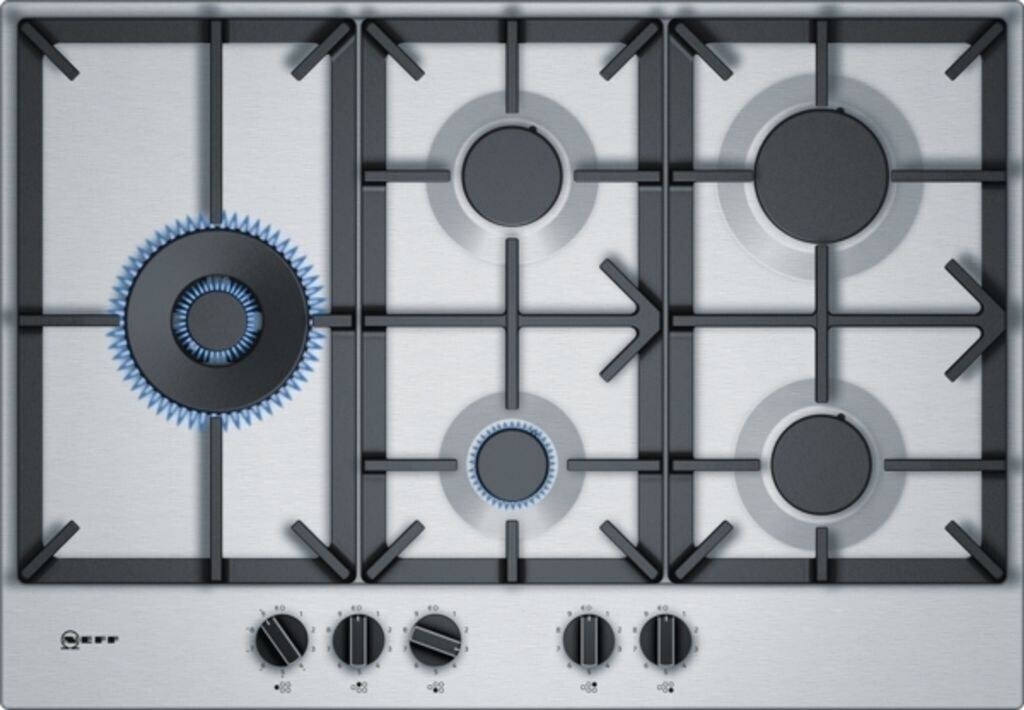 Plaque de cuisson Neff T27DS79N0D 5 foyers 12 500 W largeur 75 cm Allumage électronique Acier inoxydable 220 - 240 V Manettes hauteur 4,5 cm Noir
