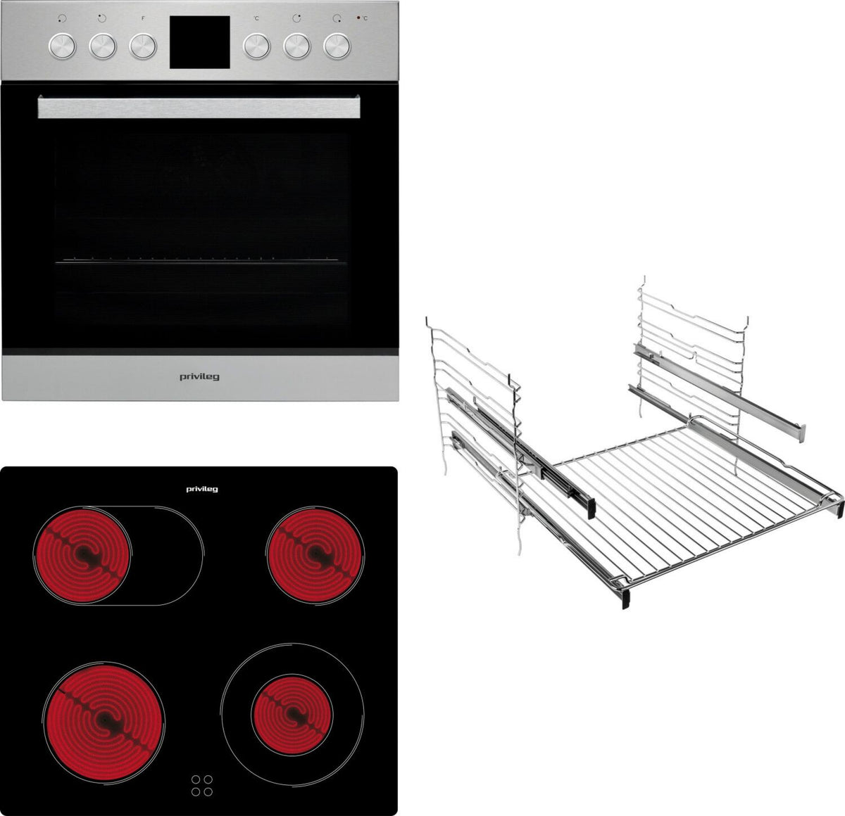 Cuisinière électrique Privileg SET PV520 IN 65 L Gril Grande Horloge, Rails téléscopiques Boutons rotatifs Gris