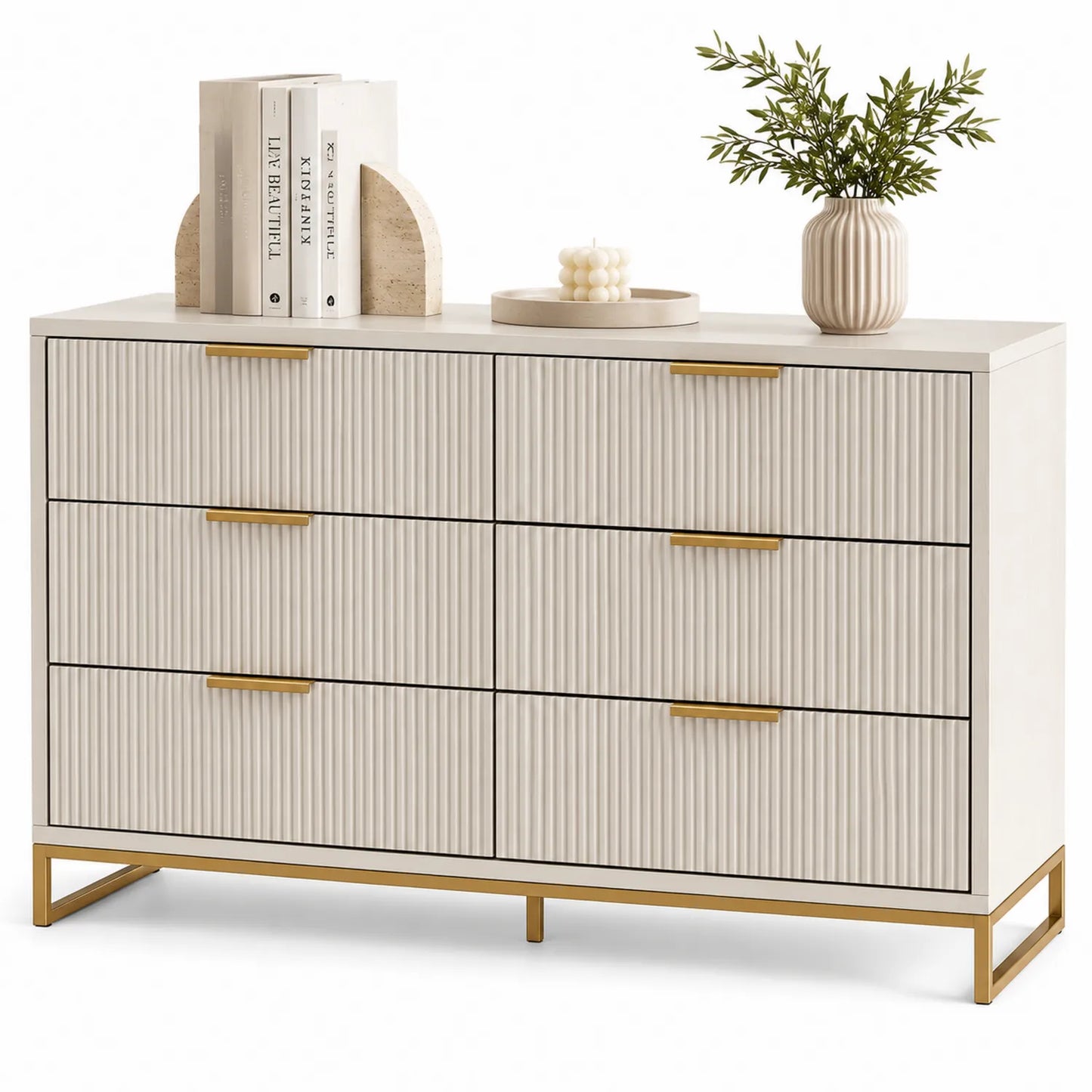 Commode en bois MDF à 6 tiroirs avec pieds en métal doré