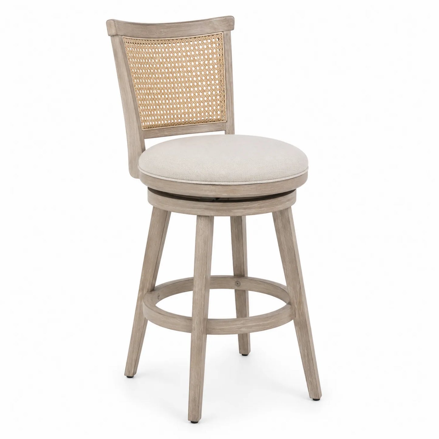 Tabouret de Bar Pivotant en Bois avec Assise en Tissu Beige et Dossier en Rotin