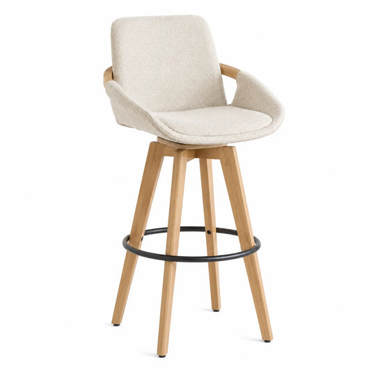 Tabouret de bar pivotant en bois et tissu beige