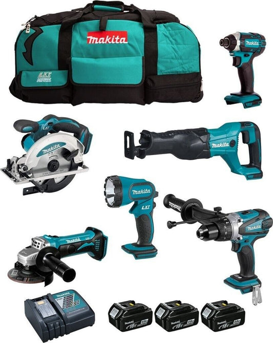 Makita DLX6104MX1 Pack outillage sans fil 3 x 4 Ah Avec 3 batteries Sac de transport pour Scier, Poncer Bleu