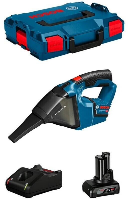 Bosch GAS 10,8 V-LI 12V-LI (1 x 6,0 Ah + GAL12V-40 + L-Boxx 102) Aspirateur à main réservoir 0,35 L Bac transparent, Poignée de transport Filtre à air