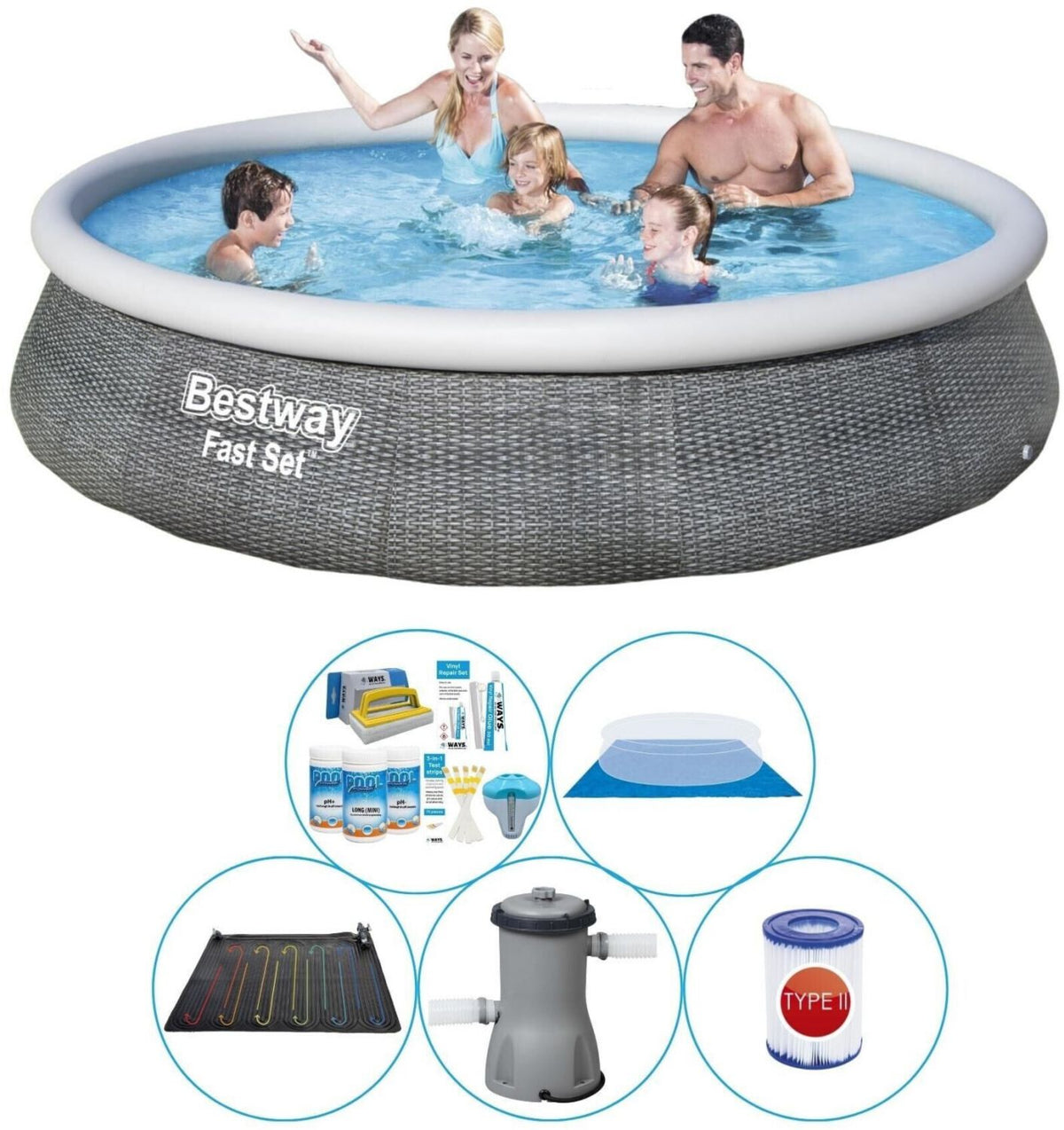 Piscine à poser Bestway Fast Set Rattan 396 x 84 cm pompe, avec kit traitement eau piscine, kit de réparation (74949322) 396 cm Ronde