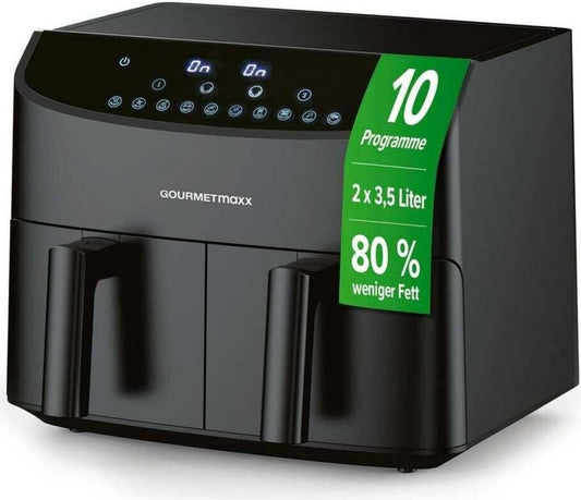 GOURMETmaxx double chamber hot air fryer 2x 3.5L (12459) Friteuse à air chaud 2 400 W 10 Sans graisse Minuterie Plastique Touches Noir Rectangulaire