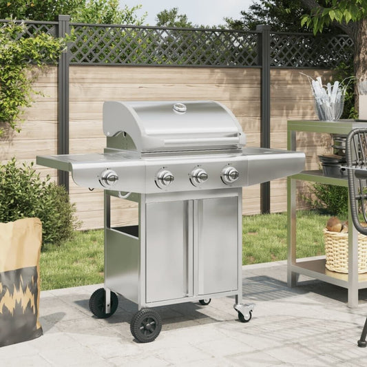 vidaXL gaz inox 4 brûleurs avec grande surface Barbecue Porte-bouteille de gaz, Chariot Brûleurs réglables séparément pour Viandes Rectangulaire