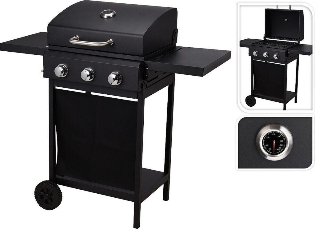 Vaggan gaz 3 brûleurs noir avec doubles portes Barbecue 55 x 44,5 cm largeur 139 cm De 6 à 8 personnes Porte-bouteille de gaz, Chariot pour Viandes