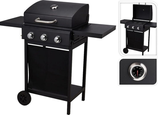 Vaggan gaz 3 brûleurs noir avec doubles portes Barbecue 55 x 44,5 cm largeur 139 cm De 6 à 8 personnes Porte-bouteille de gaz, Chariot pour Viandes