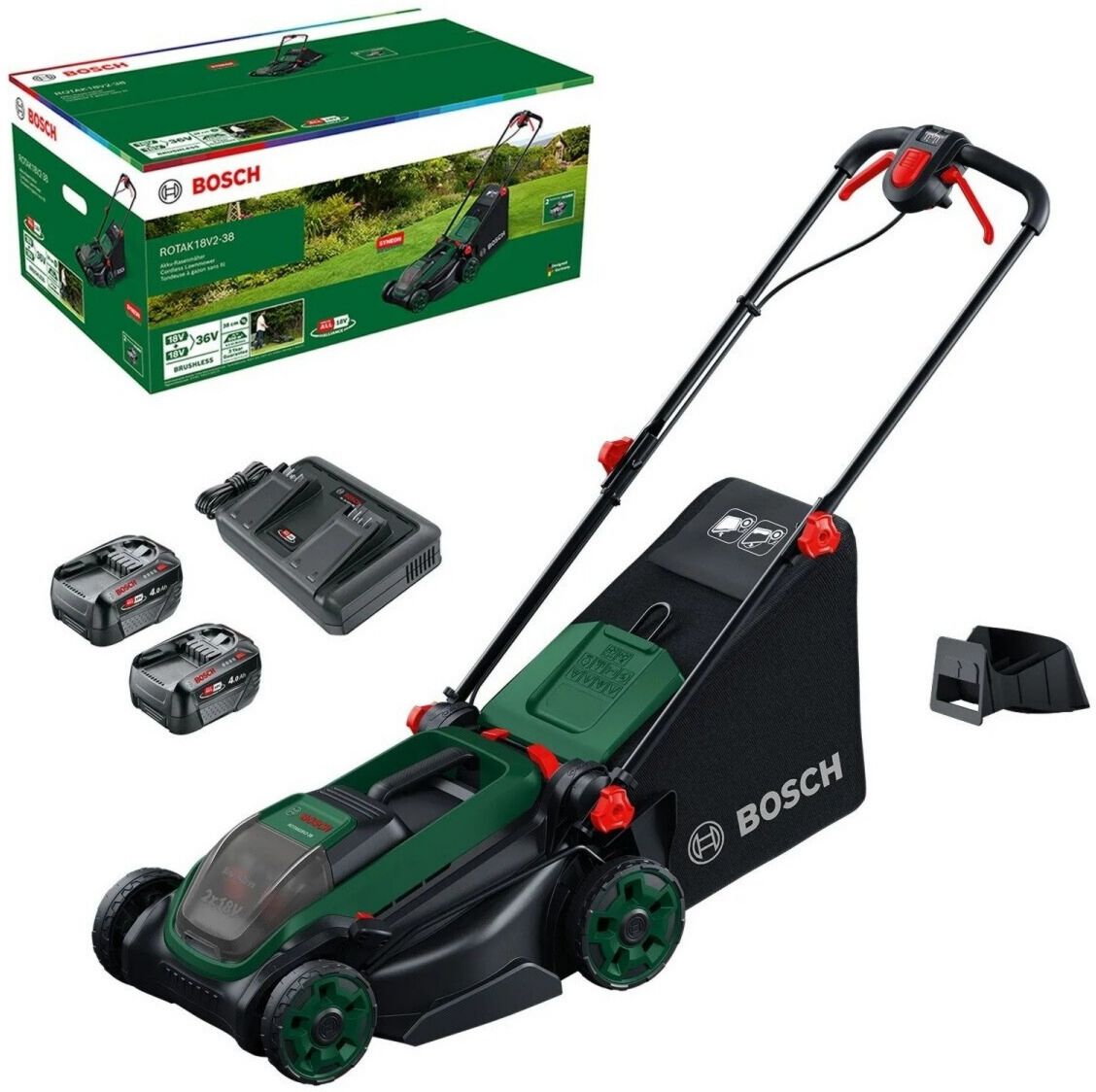 Bosch 06008B9M00 Tondeuse à gazon moteur brushless 38 cm 4 Ah 2 Réglage centralisé de la hauteur de coupe Sans fil Batterie