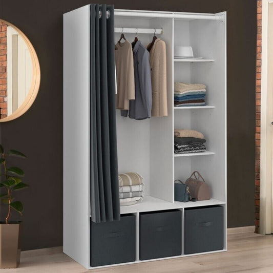 Système d'armoire IDMarket DIANE Dressing penderie 105x45x167cm, blanc, rideau gris (DIANE) Contemporain