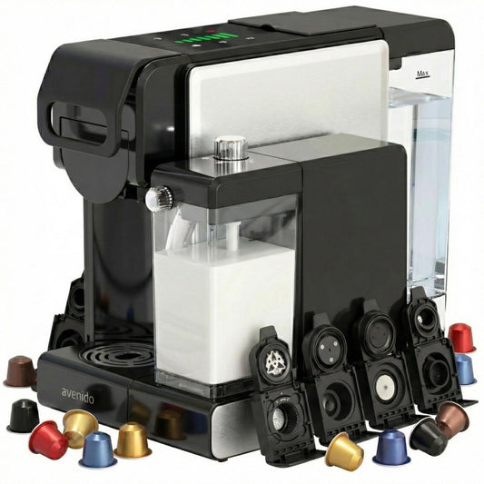 avenido Express AV4388 Machine à capsules de café 2 850 W 1 L 19 bars Système Thermoblock, Mousseur à lait Inox Argent Compact