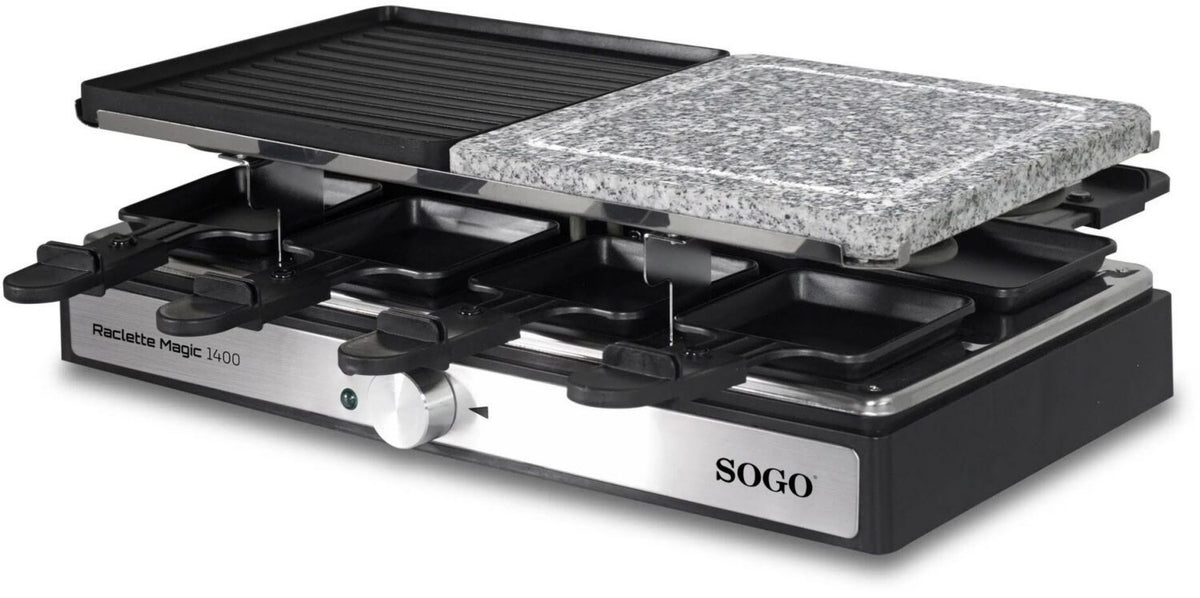 Sogo Raclette Grill 3 en 1, 8 Personnes, 1400W (BAR-SS-10387) Appareil à raclette largeur 42 cm Thermostat, Plaque de gril Inox profondeur 21 cm Noir