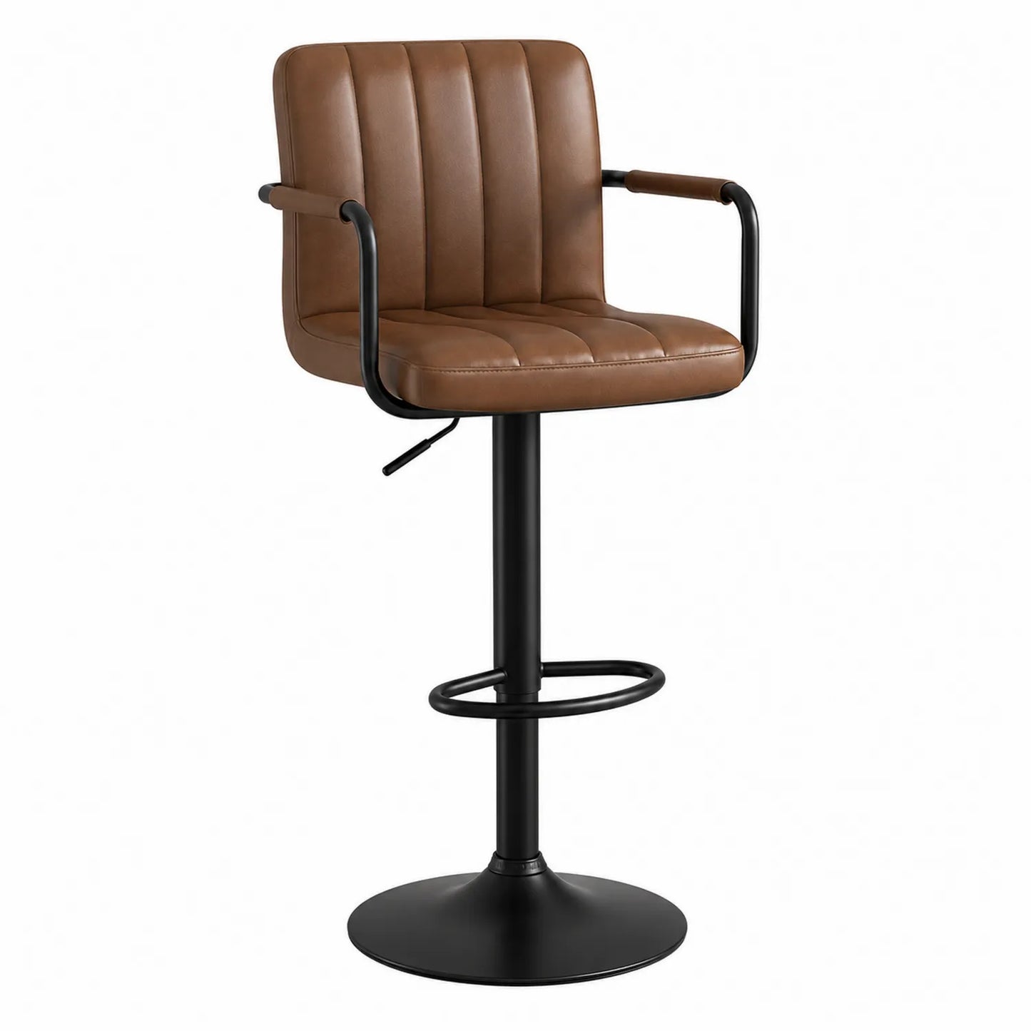 Tabouret de bar en cuir synthétique marron avec accoudoirs et base en acier