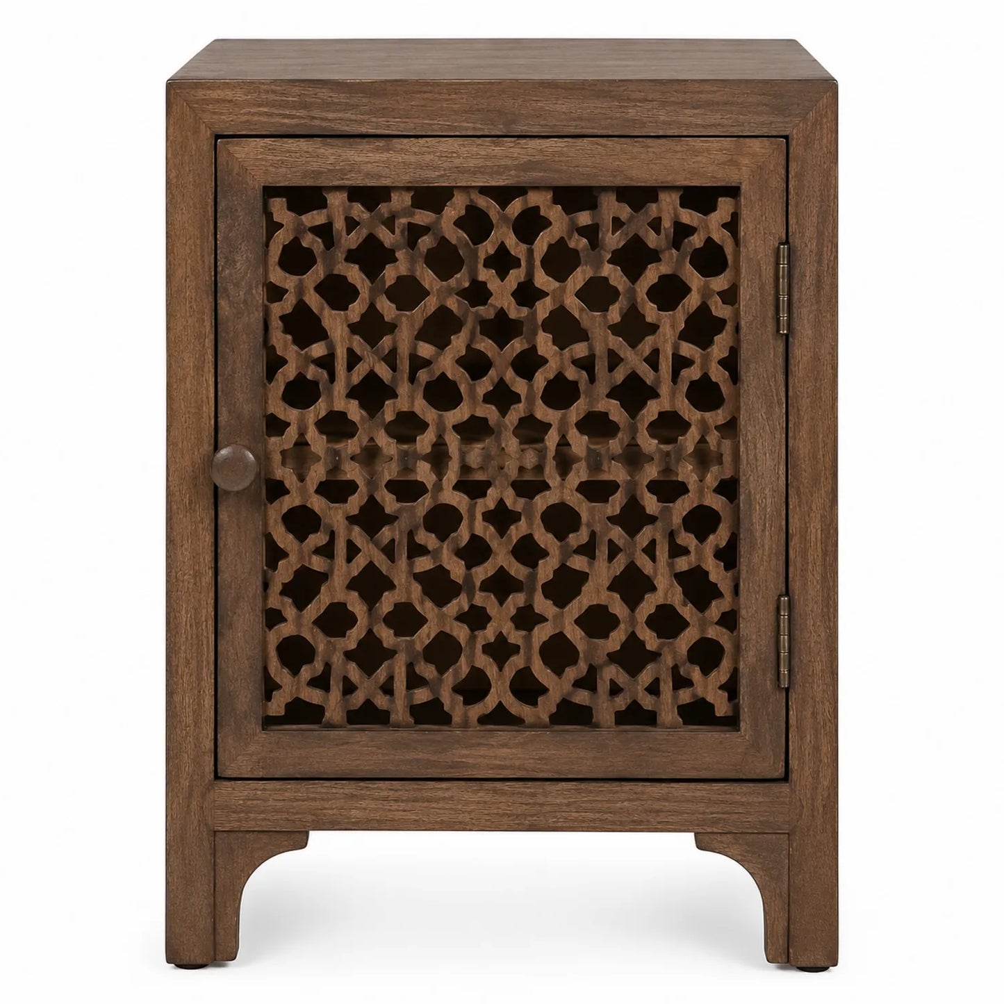 Table de chevet en bois de manguier brun avec motif sculpté