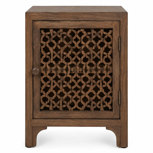 Table de chevet en bois de manguier brun avec motif sculpté
