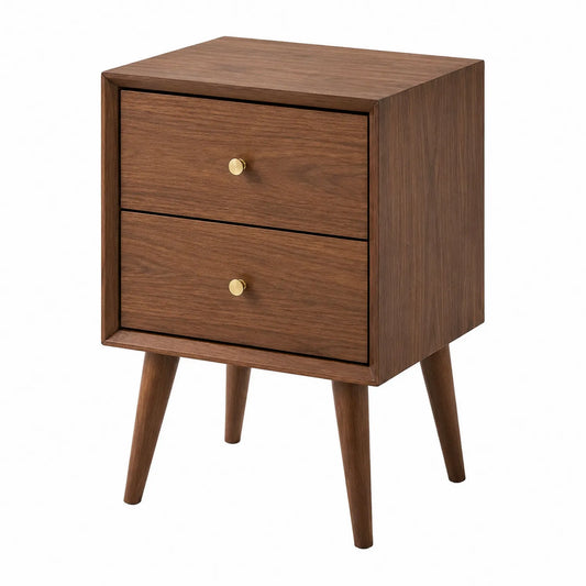 Table de chevet en bois de noyer avec deux tiroirs
