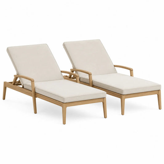 Ensemble de 2 chaises longues en bois d'eucalyptus avec coussins en polyester Beige