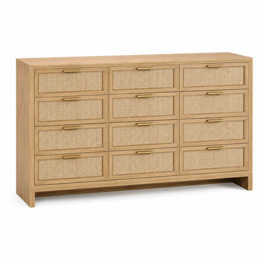 Commode en Bois avec 12 Tiroirs en Rotin Beige