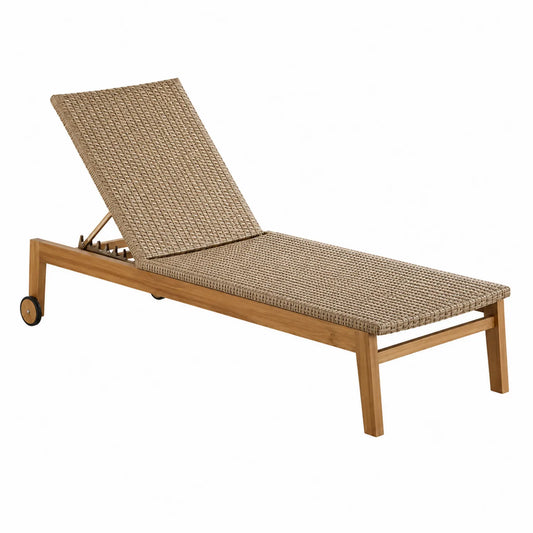 Chaise longue d'extérieur en teck et résine tressée beige