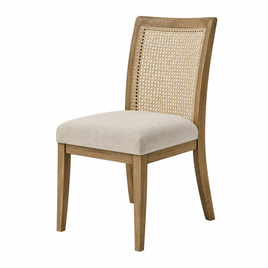 Chaise en bois de chêne avec assise en lin beige et dossier en cannage