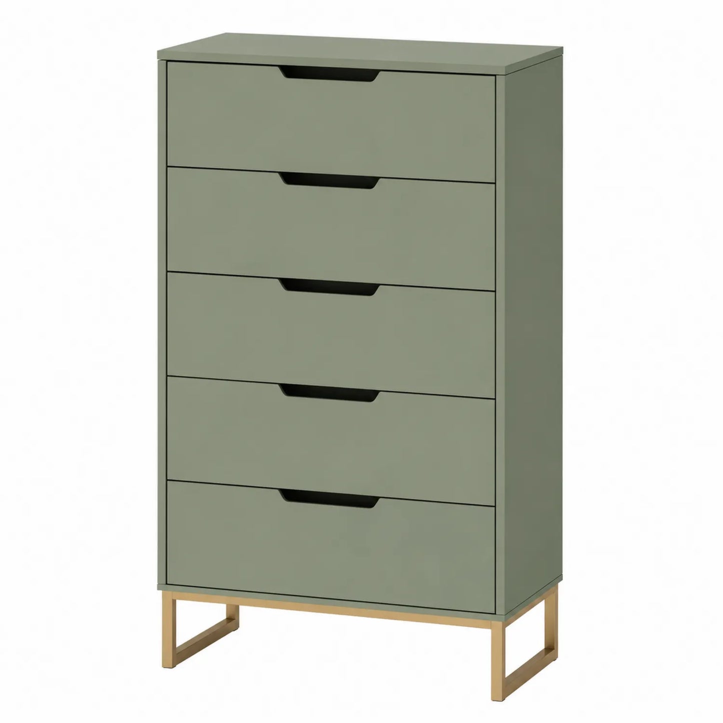 Commode en Bois Vert avec 5 Tiroirs et Pieds Métalliques Dorés