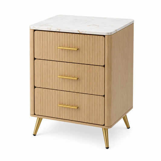 Table de chevet en bois avec plateau en marbre blanc et 3 tiroirs