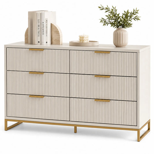 Commode en bois MDF à 6 tiroirs avec pieds en métal doré