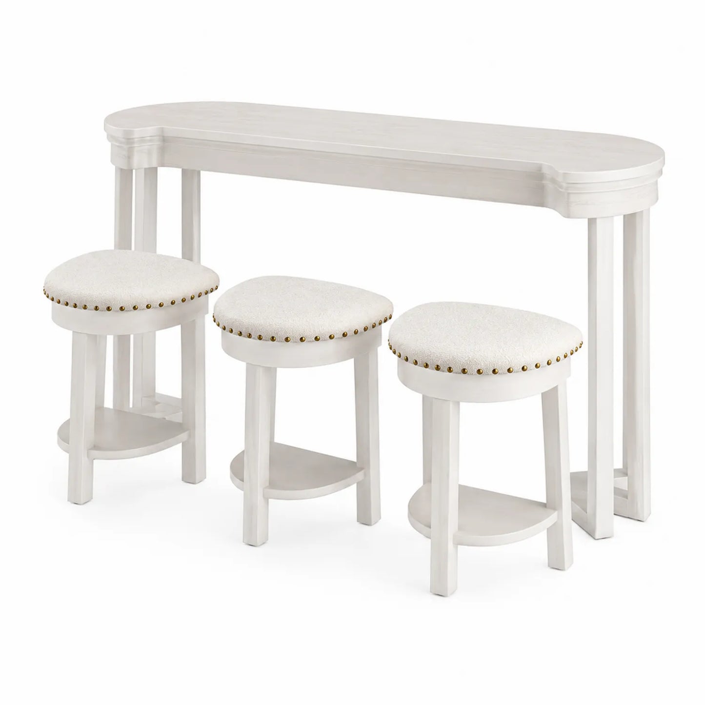 Table haute de bar en bois blanc avec 3 tabourets rembourrés