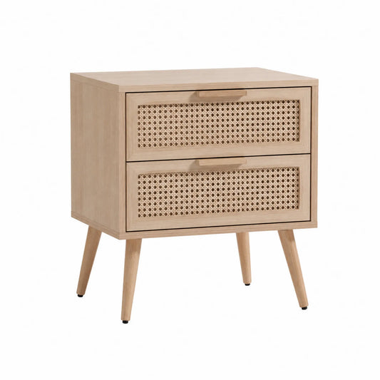 Table de chevet en chêne et rotin avec 2 tiroirs