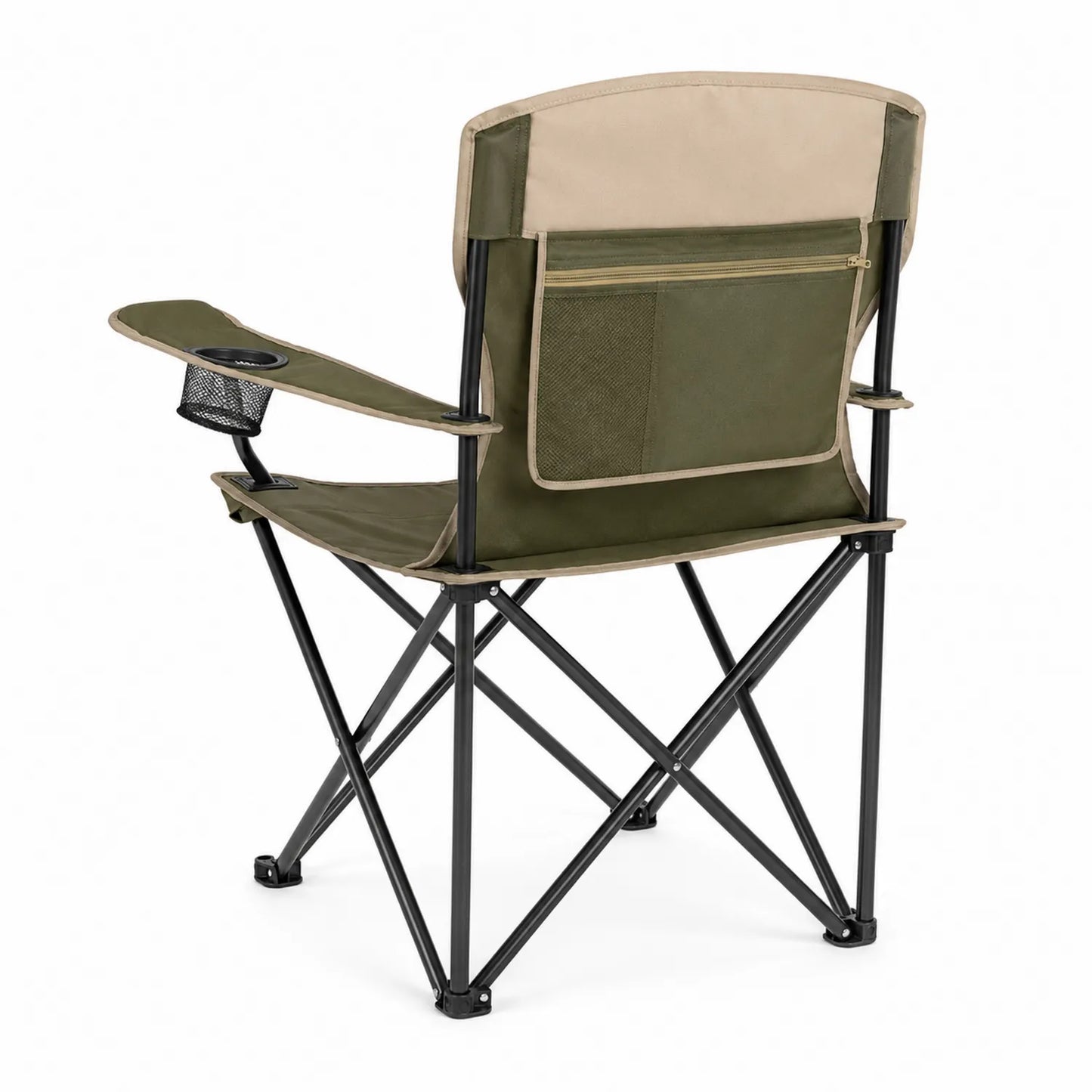 Chaise pliante d'extérieur en métal et tissu polyester Kaki/Beige avec accoudoirs et porte-gobelet