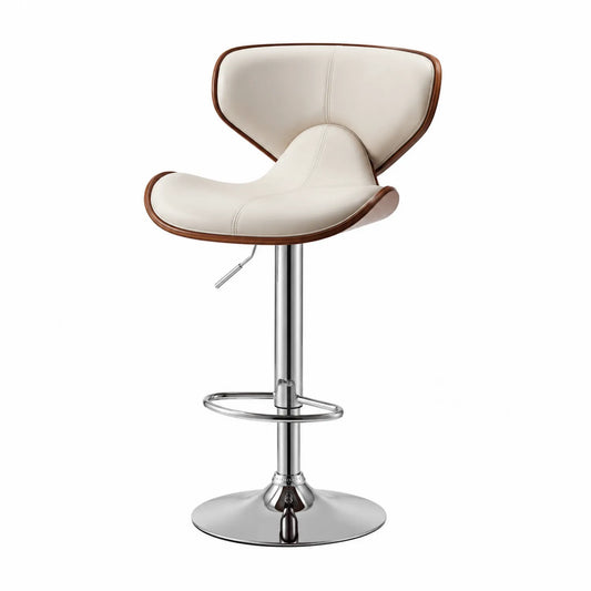 Tabouret de bar réglable en similicuir blanc et bois base chromée