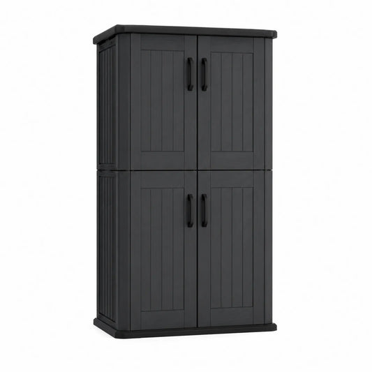 Armoire extérieure en résine noire avec 4 portes et étagères